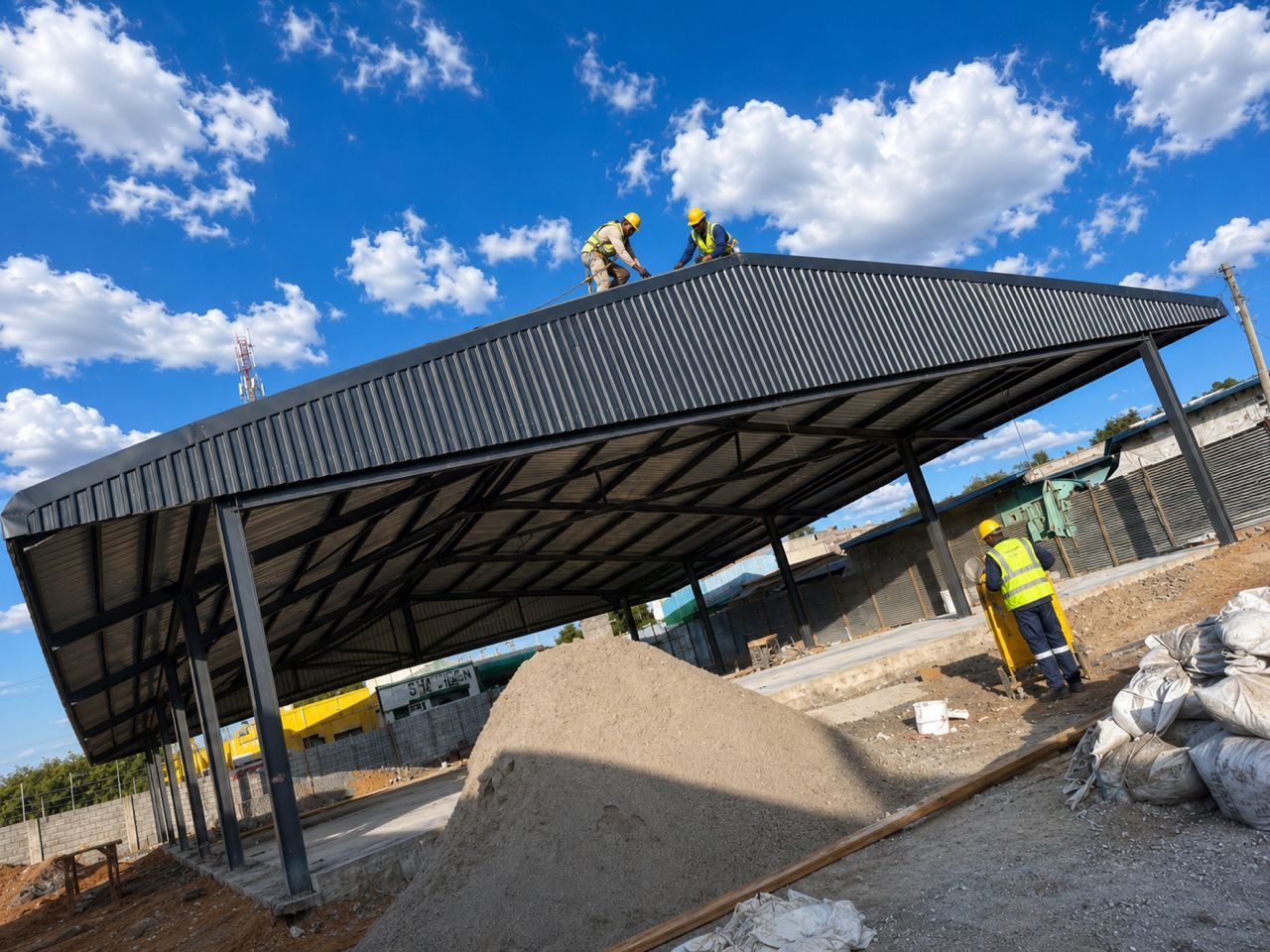 Commercial steel building roof installation by ZamForge Steel in Zambia