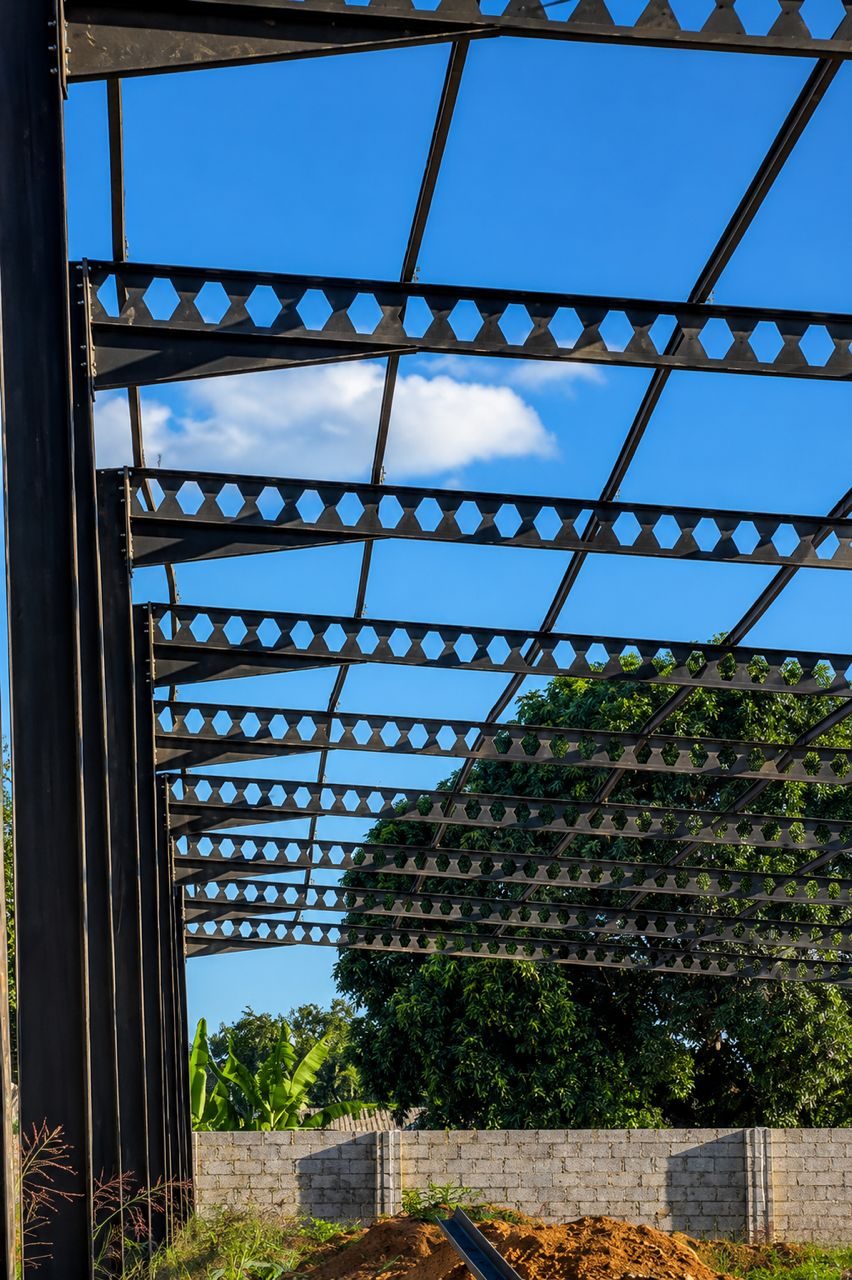 Fabricated steel beams and roof frame for a Zambian construction project